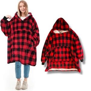 Catalonia Hoodie Blanket One Size‎ Red Black Buffalo Plaid Sherpa Lined Cozy